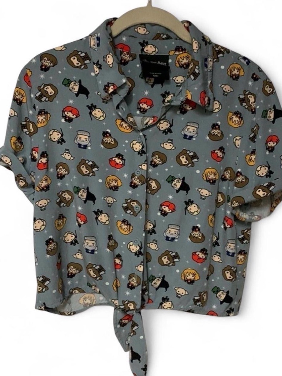Harry Potter Kawaii Character Print Tie-Front Button-Up Shirt Size M